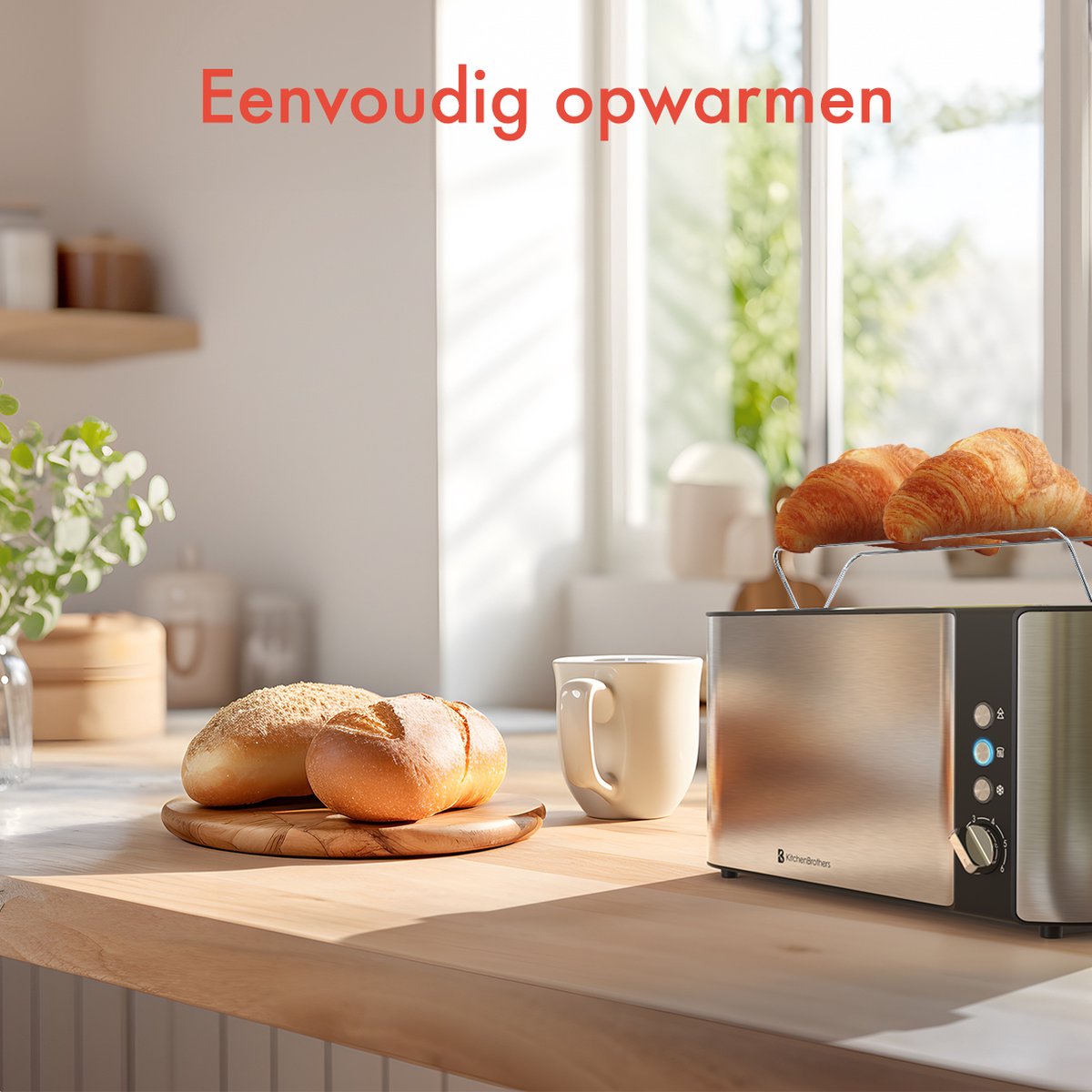 KitchenBrothers Broodrooster - Toaster - 6 Warmteniveaus - 2 Extra Lange Sleuven - BPA-vrij - 1520W - RVS/Zwart thumbnail 5