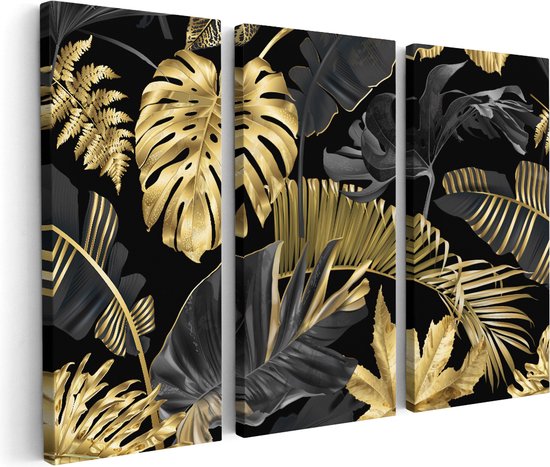 Artaza Canvas Schilderij Drieluik Gouden Tropische Bladeren - 150x100 - Groot - Foto Op Canvas - Canvas Print