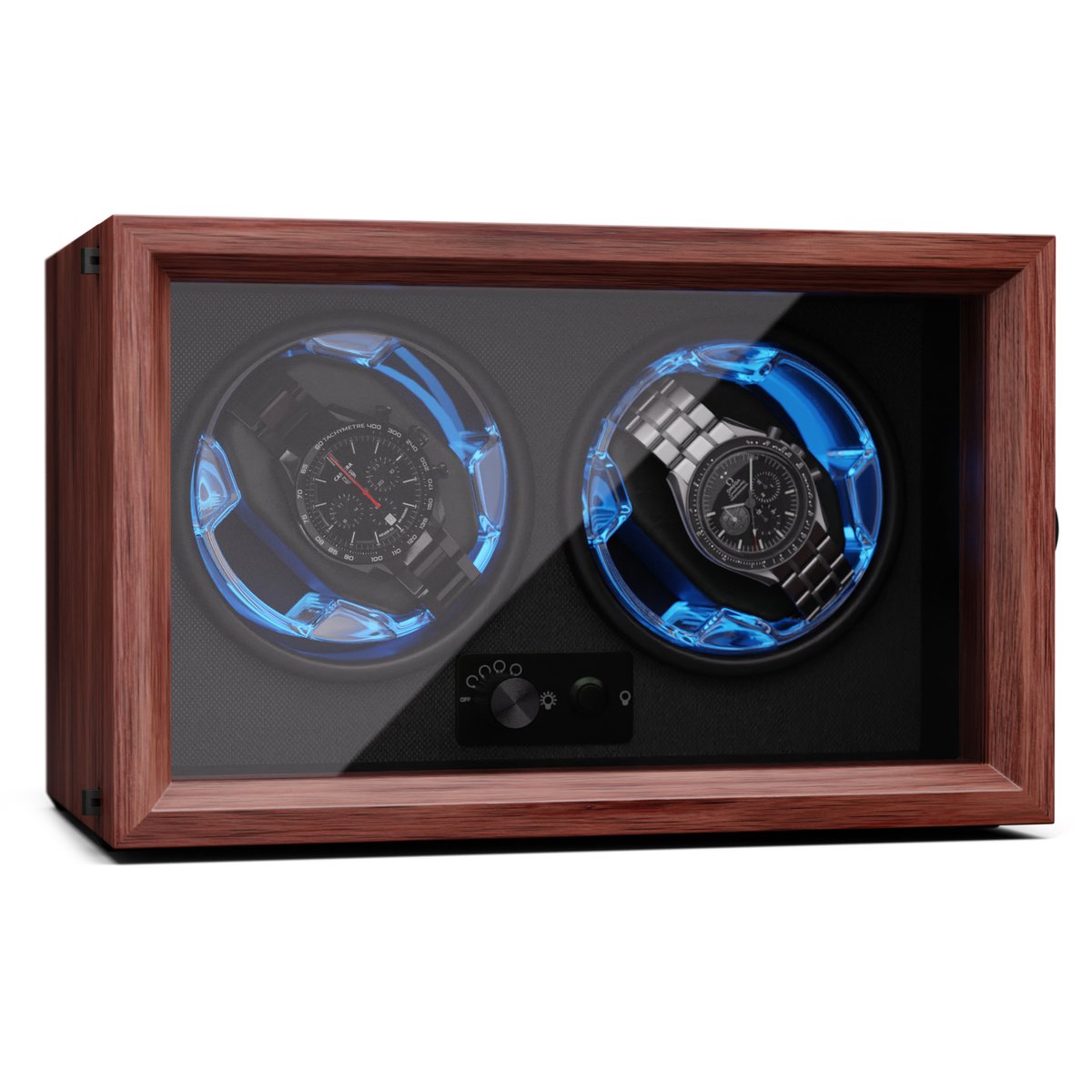 Brienz 2 watchwinder, 2 horloges, 4 modi, houten look, blauwe binnenverlichting