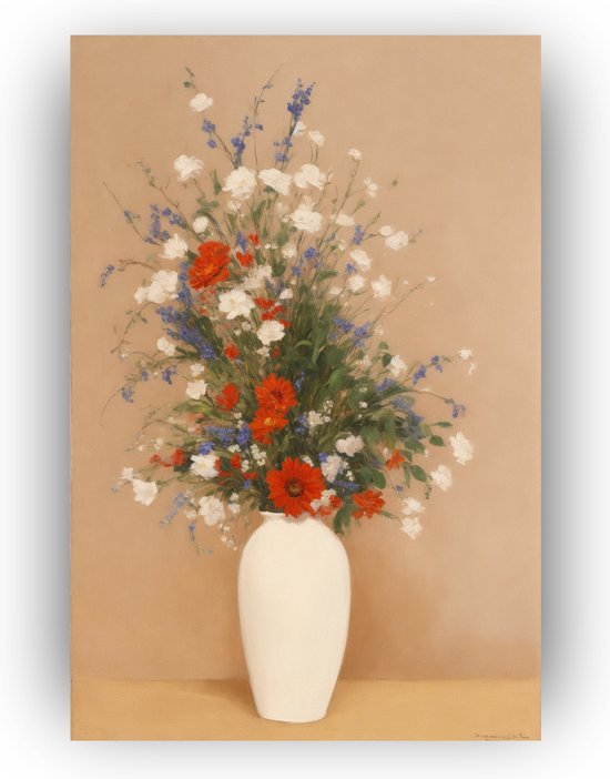 Witte vaas met bloemen 50x70 cm - Canvas - Bloemen in een vaas schilderij - Stilleven - Bloemen in vaas - Woonkamer decoratie - Accessoires woning