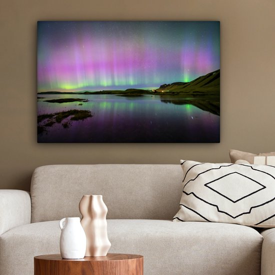 Canvas Schilderij Noorderlicht - IJsland - Paars - 90x60 cm - Wanddecoratie
