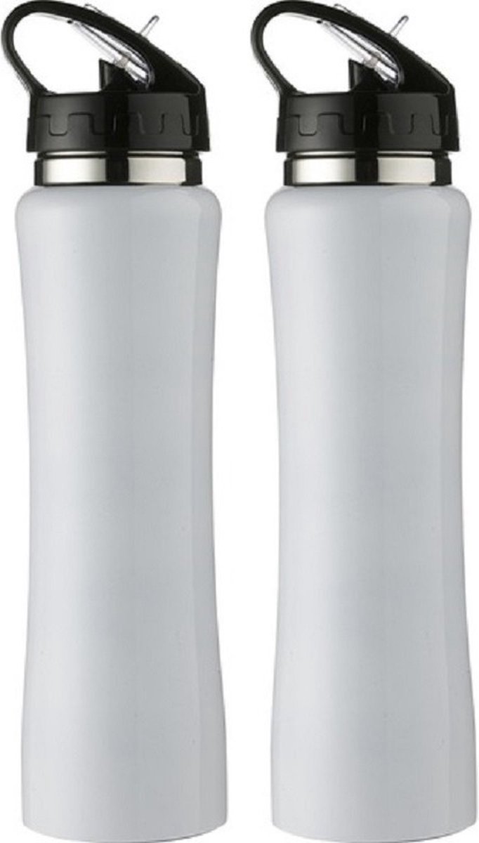 2x WItte RVS bidons/drinkflessen met buigbare drinktuit 500 ml - Sportfles