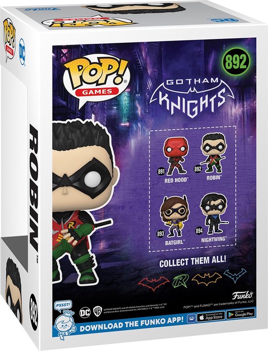 Achterkant Funko Pop! verpakking van Robin #892 uit Gotham Knights, met andere figuren.