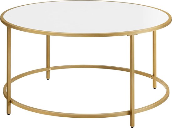Table basse ronde, table de salon avec étagère en bois et structure en acier doré, montage facile, style moderne, doré et blanc