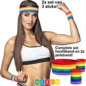 *** 2 x Regenboog LGBT Zweetbandjes Set van 3 stuks - Duo Pack Hoofd en pols zweetbandjes - Party - Carnaval - Sporten - van Heble® ***