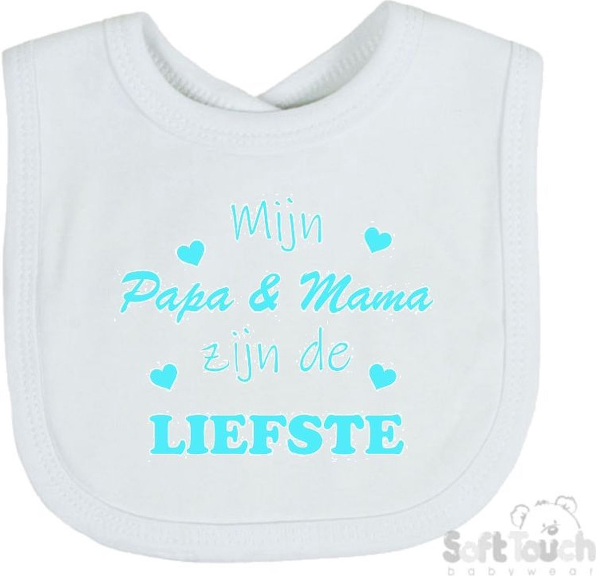 Goedkoopste Soft Touch Slabber Slabbetje Slab Mijn Papa & Mama zijn de liefste Unisex Katoen Wit/aquablauw Maat 33x22 Cm