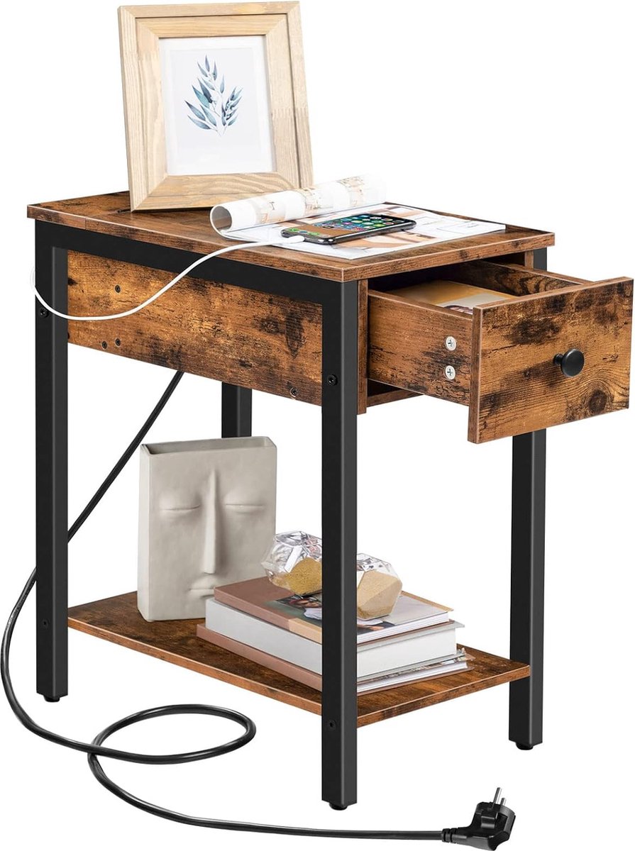 SoBuy Smalle bijzettafel - nachtkastje met opbergplank en laden, ruimtebesparend nachtkastje voor kleine ruimtes, W25 x D65 x H 60 cm, wit en natuur - FBT162-WN