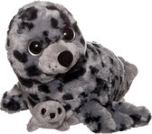 TX Store - Grijs gevlekte knuffel zeehond met jong - Pluche knuffel - Gevuld met gerecycled materiaal - Moeder met Jong - Zacht - Grijs Zwart - 32 cm