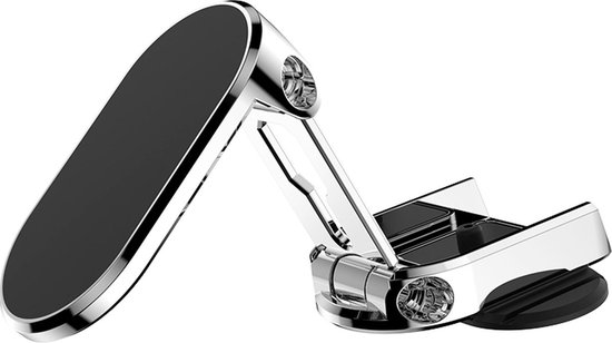 Zilverkleurige, inklapbare magnetische telefoonhouder met een brede, stabiele basis.