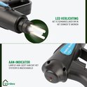 Plastic laspistool met LED verlichting en aan-indicator.