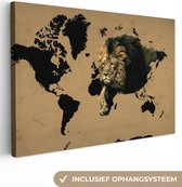 Canvas Wereldkaart - 90x60 - Wanddecoratie Wereldkaart - Bruin - Leeuw