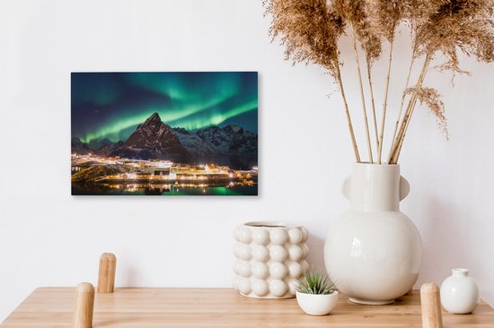 Aurores boréales au-dessus d'un village en Norvège toile 2cm 30x20 cm - petit - Tirage photo sur toile (Décoration murale salon / chambre) / phénomènes naturels Peintures sur toile
