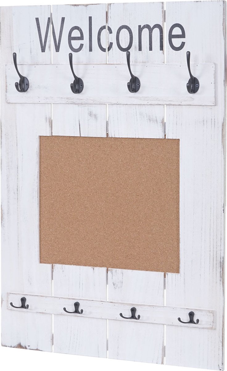 MCW Wandgarderobe MCW-C89 met prikbord, garderobe paneel, shabby look vintage, 8 haken 91x60cm ~ wit, shabby