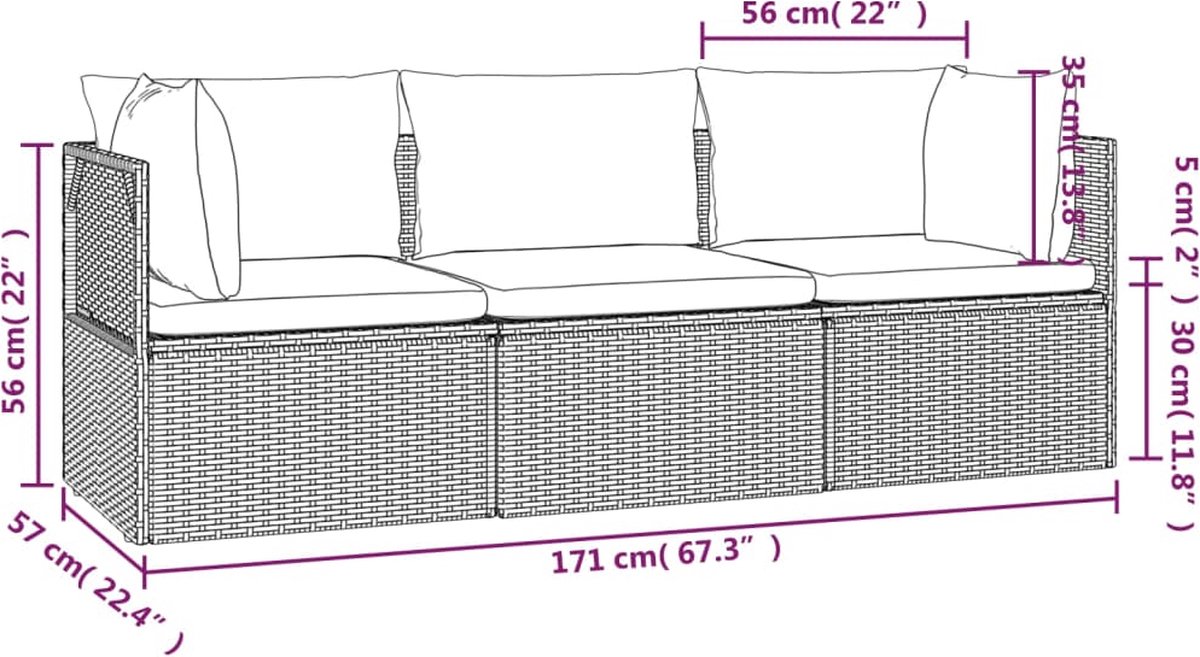vidaXL 3-delige - Loungeset - met - kussens - poly - rattan - grijs