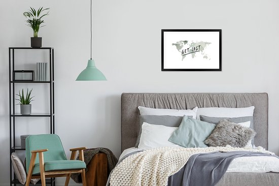 Affiche avec cadre Wereldkaart - Citation - Grijs - 60x40 cm