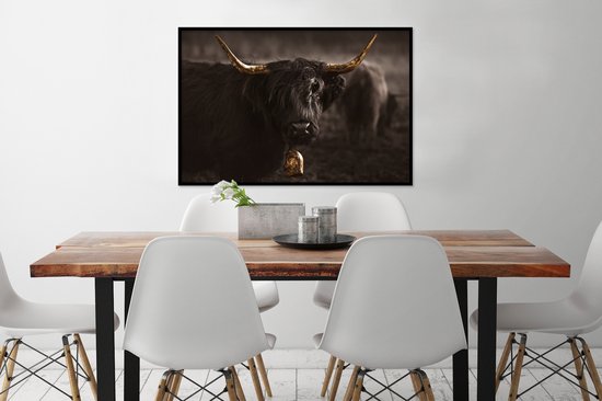 Fotolijst incl. Poster - Schotse hooglander - Dier - Zwart - wit - 120x80 cm - Posterlijst