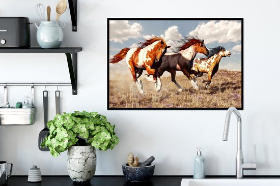 Affiche avec cadre Paarden - Animaux - Herbe - Fourrure - 60x40 cm