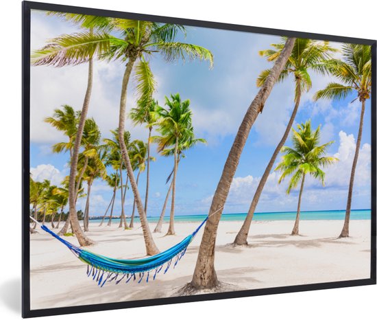 Photo encadrée - Hamac entre palmiers sur la plage près du cadre photo République Dominicaine noir 120x80 cm - Affiche encadrée (Décoration murale salon / chambre) / Mer et plage