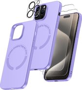 Hoesje Geschikt voor iPhone 15 Pro Max Silicone backcover met Magnetisch Ring incl 2x gehard glazen screenprotector & 1x cameraLens protector – Lila