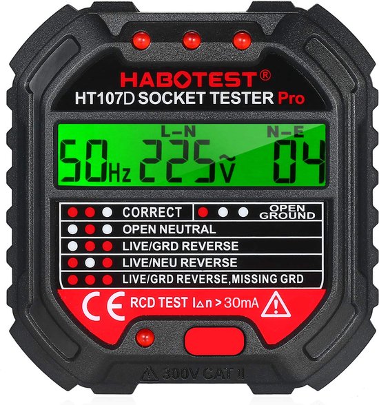 Aardingsmeter - Aardingstester - Stopcontacttester - Spanningsweergave 90-250 V - Polariteit Spanningsdetector