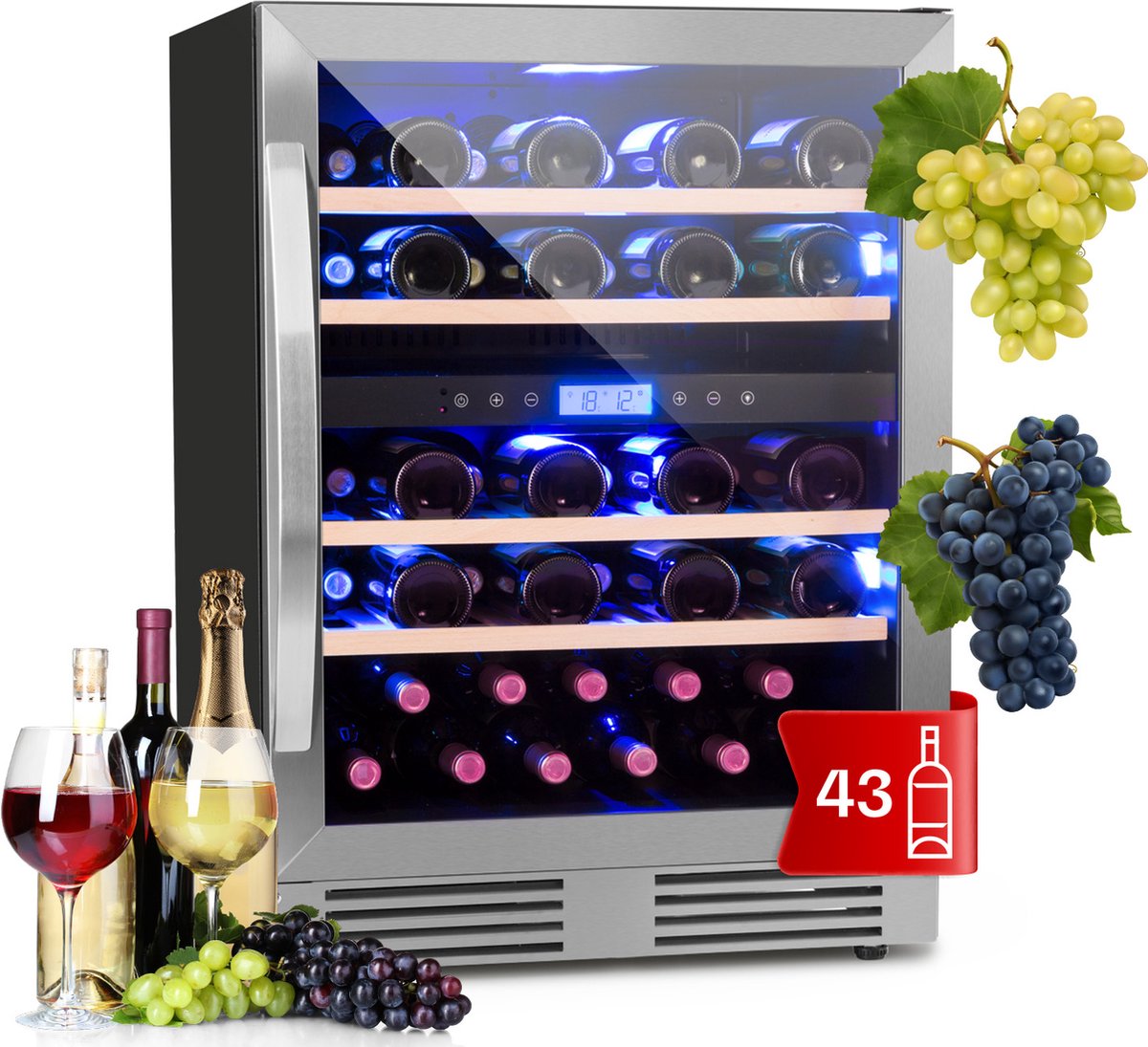 Klarstein Wijnkoeler Inbouw , Drankenkoeler met 2 Zones, Kleine Wijnkast 129L, Kleine Wijnkoeler met Glazen Deur, Flessenkoeler voor Binnen/Buiten, Wijnkoelkast voor 43 Flessen - 60 cm - Vrijstaand - Zilver - Wijnklimaatkast - Wine Cooler Roestvrij Staal