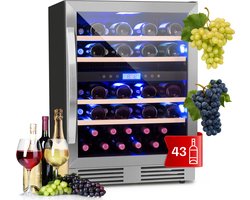 Klarstein Wijnkoeler Inbouw , Drankenkoeler met 2 Zones, Kleine Wijnkast 129L, Kleine Wijnkoeler met Glazen Deur, Flessenkoeler voor Binnen/Buiten, Wijnkoelkast voor 43 Flessen - 60 cm - Vrijstaand - Wit - Wijnklimaatkast - Wine Cooler