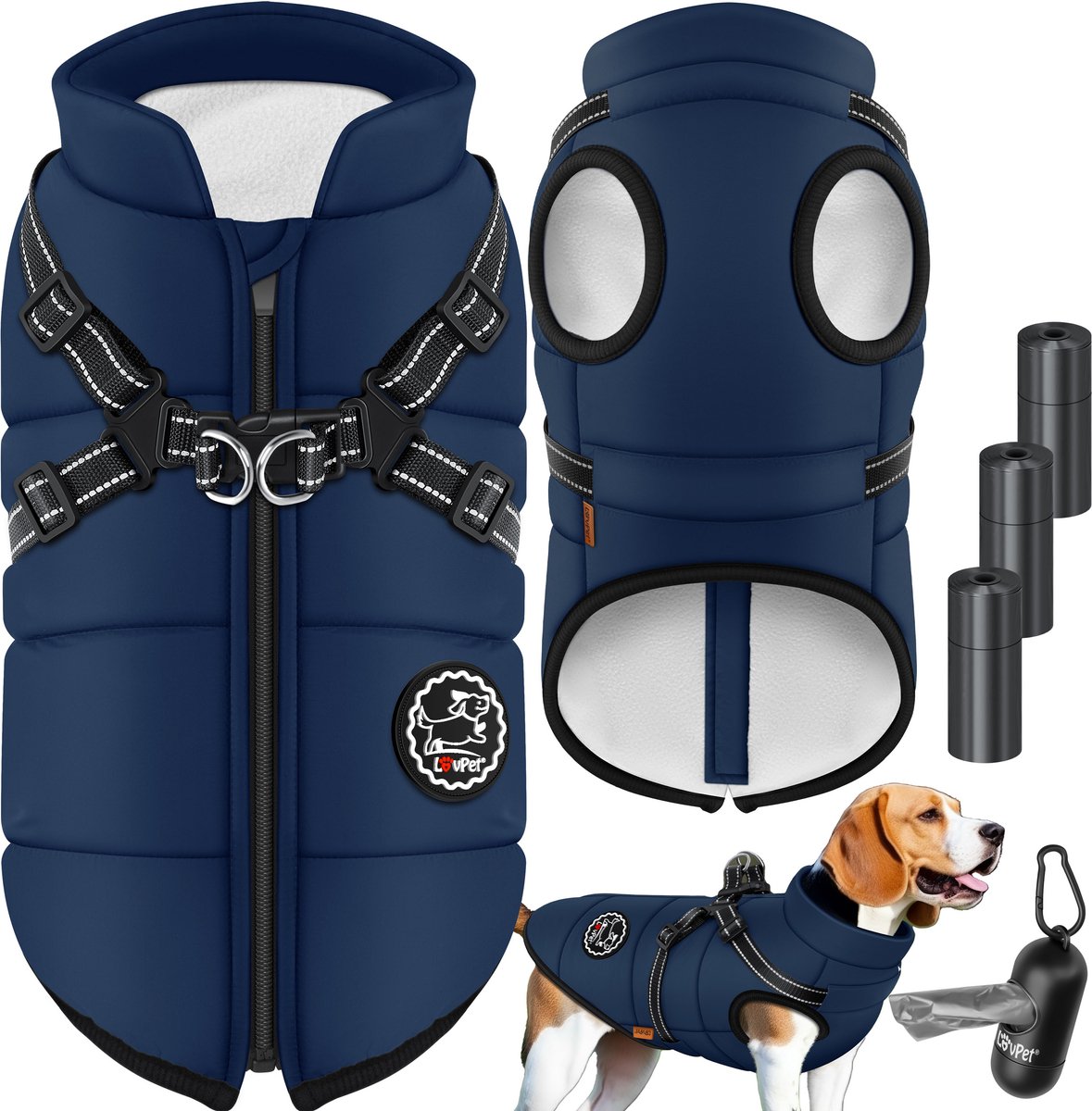 LOVPET Hondenjas Hondenvacht Met Harnas Waterafstote Incl 45 Stuks Poepzak Dispenser Winter Vest Hond Waterdicht Gevoerd Gewatteerd Vest Met Borstband Reflectoren D Ring   Grijs 5xl 1078551207