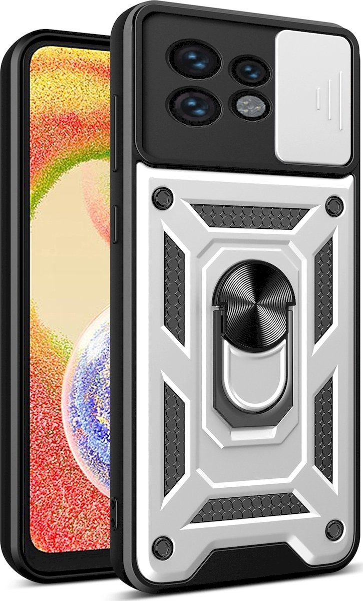 Mobigear Hoesje geschikt voor Motorola Edge 40 Pro Telefoonhoesje Hardcase | Mobigear Armor Ring Cam Slide Backcover Shockproof met Ringhouder en Camera Slider | Schokbestendig Edge 40 Pro Telefoonhoesje | Anti Shock Proof - Zilver