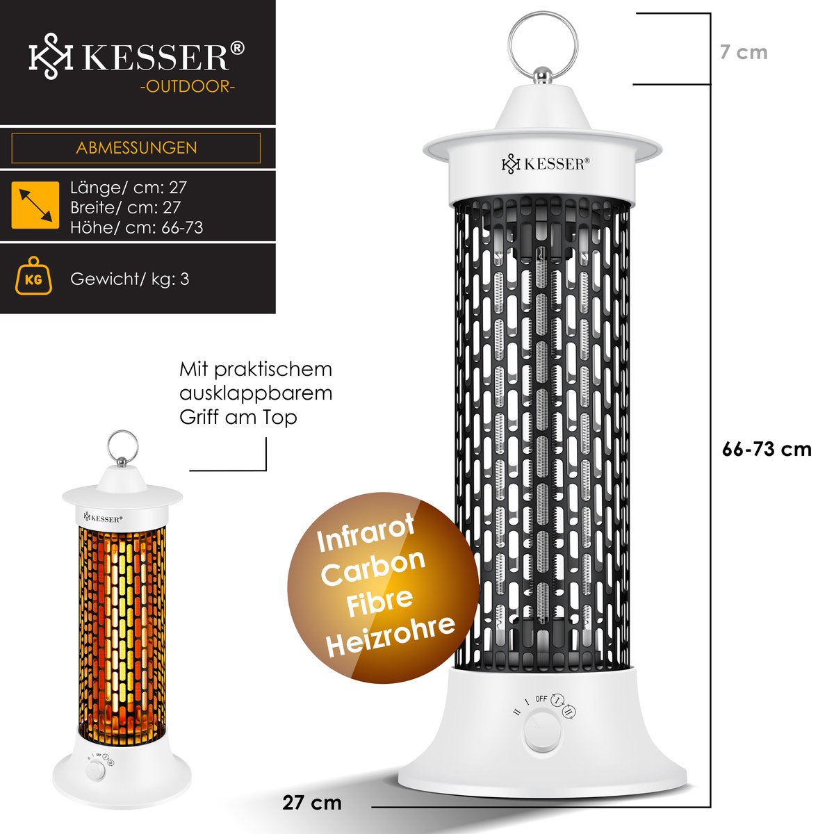 KESSER® Elektrische Kachel 1200W Terrasverwarmer Energiezuinig Infrarood Verwarming Staand Heater IP55 Verwarmer - Wit – foto 6