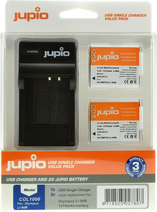Jupio Kit: 2x Battery Li-90B/Li-92B 1270mAh + USB Single Charger