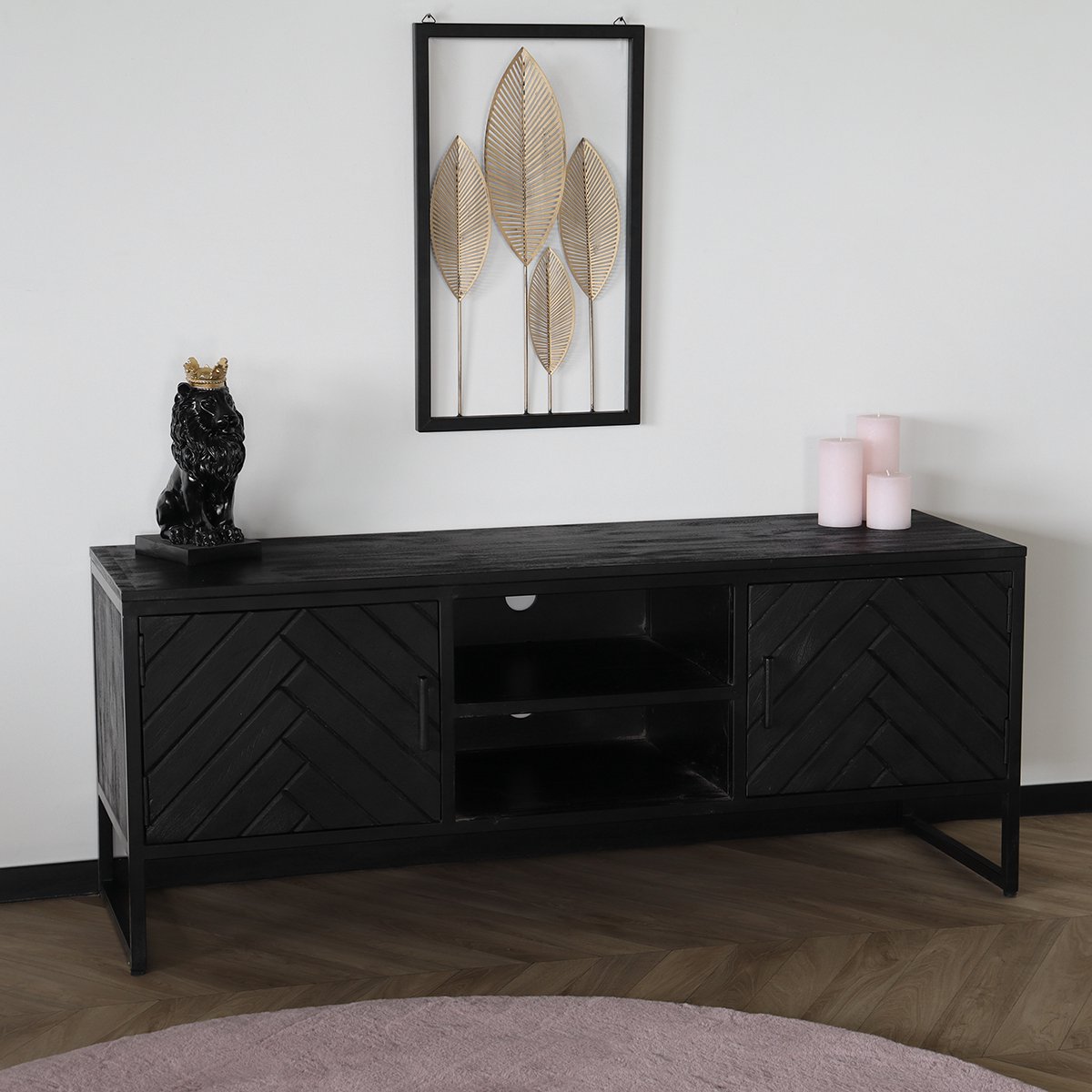 TV meubel industrieel mangohout Liv zwart 130cm tv kast duurzaam mango massief hout tv-meubel