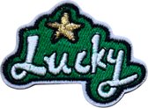 Lucky tekst Opnaai Embleem Patch Sticker 5.7 cm / 4.2 cm / Groen Wit Goud
