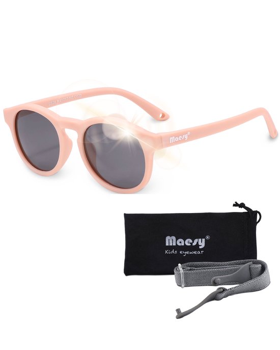 Maesy - baby zonnebril Bowi - 1-3 jaar - flexibel buigbaar - verstelbaar elastiek - gepolariseerde UV400 bescherming- dreumes en peuter - jongens en meisjes - kinder zonnebril rond - licht roze