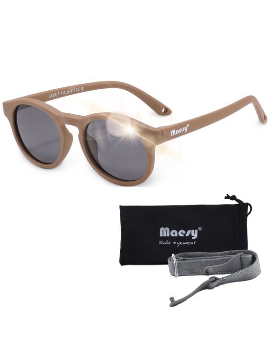 Maesy - lunettes de soleil bébé Bowi - courbure flexible - élastique réglable - protection UV400 polarisée - garçons et filles - lunettes de soleil bébé rondes - marron taupe
