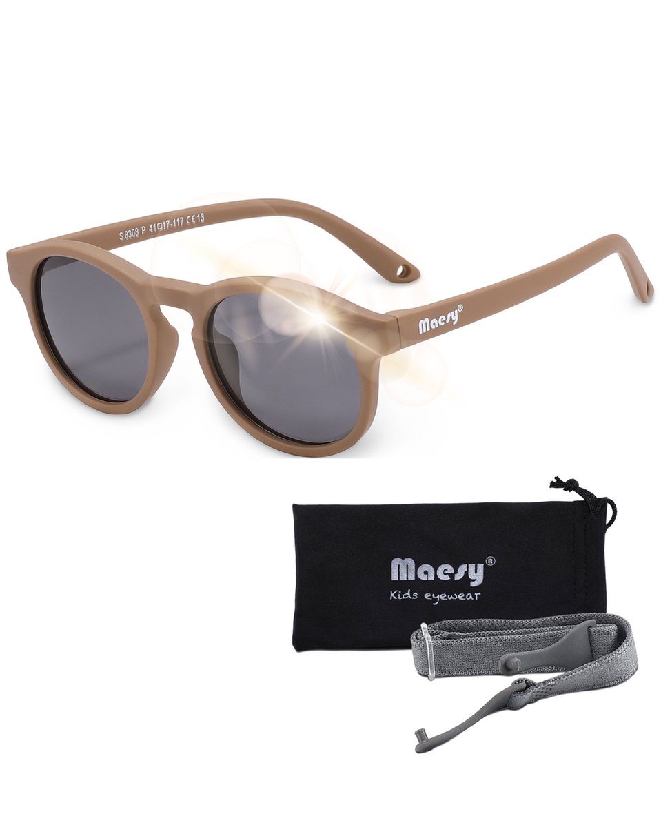 Maesy - baby zonnebril Bowi - 1-3 jaar - flexibel buigbaar - verstelbaar elastiek - gepolariseerde UV400 bescherming- dreumes en peuter - jongens en meisjes - kinder zonnebril rond - taupe bruin