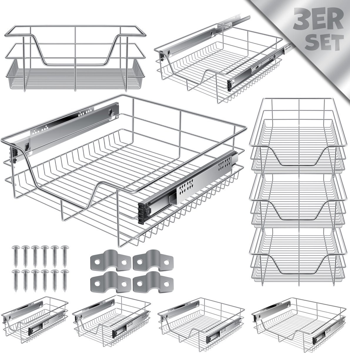 KESSER® Keukenlade / Telescopische lade / Keukenkast / Mand uittrekbaar / Kast uittrekbaar / Volledig uittrekbaar / Lade - 3x 50cm - Zilver
