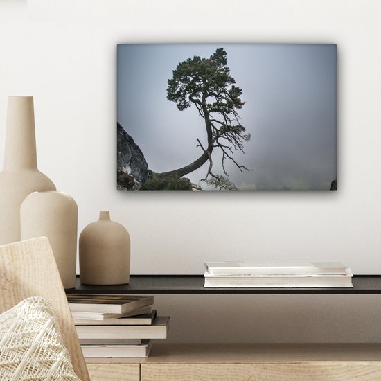Peinture sur toile - Falaise - Arbres - Vert - Brume - Photo sur toile - Canvasdoek - 30x20 cm - Toile nature
