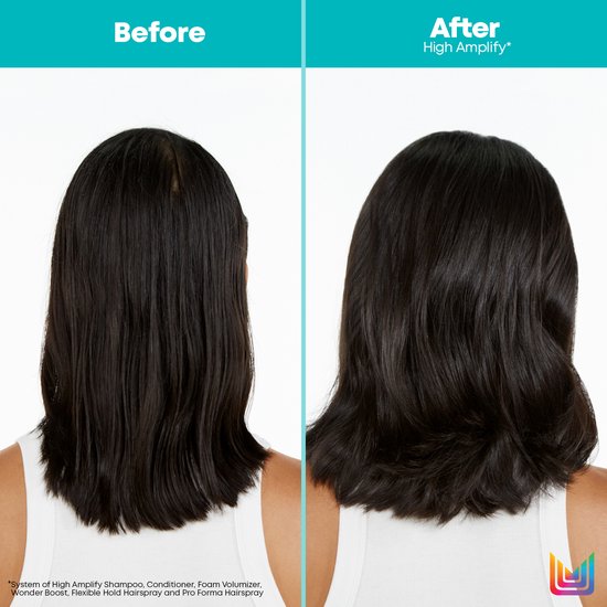 Photo avant et après de cheveux traités avec les produits Matrix High Amplify. Les cheveux gagnent en volume.