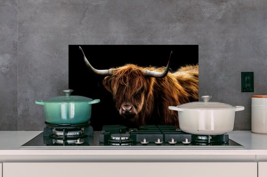 Spatscherm keuken 60x40 cm - Kookplaat achterwand Schotse Hooglander - Horens - Zwart - Dieren - Natuur - Wild - Koe - Muurbeschermer - Spatwand fornuis - Hoogwaardig aluminium - Alternatief voor glazen spatscherm