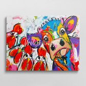 De koe en kippen | Vrolijk Schilderij | 80x60cm | Dikte 4 cm | Canvas schilderijen woonkamer | Wanddecoratie | Schilderij op canvas | Kunst | Corrie Leushuis
