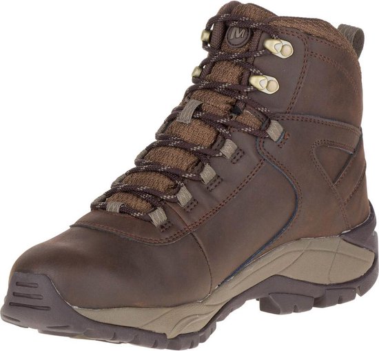 Buitenzijde van een bruine leren Merrell wandelschoen met vetersluiting en Merrell-logo.