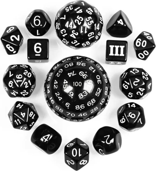 Lapi Toys - Dés Dungeons and Dragons - DnD - D&D - Polydice - set (15 pièces) - D3-D100 - Acryl - Zwart - Wit