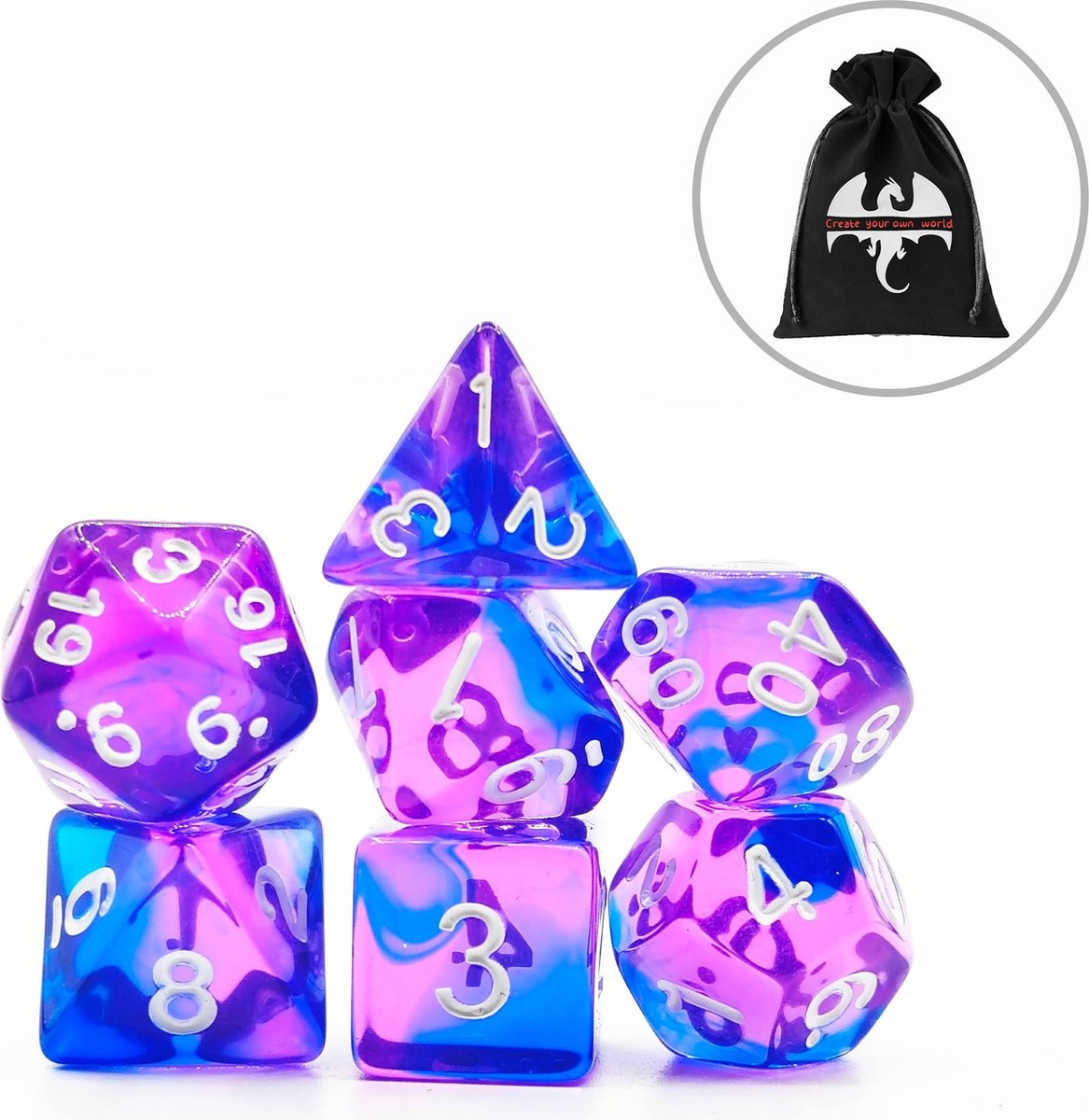 Lapi Toys - Dungeons and Dragons dobbelstenen - DnD - D&D - Polydice - 1 set (7 stuks) - Acryl - Paars - Blauw