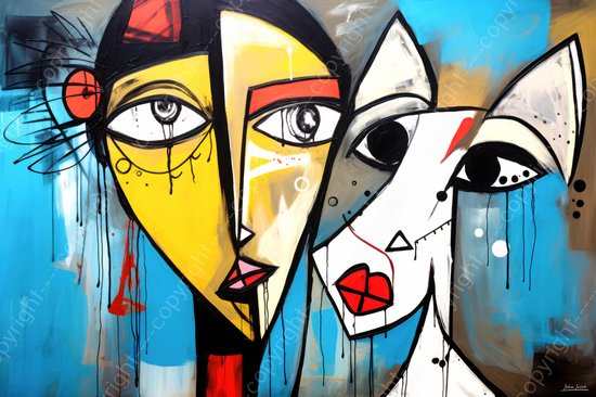 JJ-Art (Aluminium) 60x40 | Vrouw met hond, abstract in Herman Brood stijl, kleurrijk, felle kleuren, kunst | gezicht, dier, portret, geel, wit, blauw, rood, modern | foto-schilderij op dibond, metaal wanddecoratie