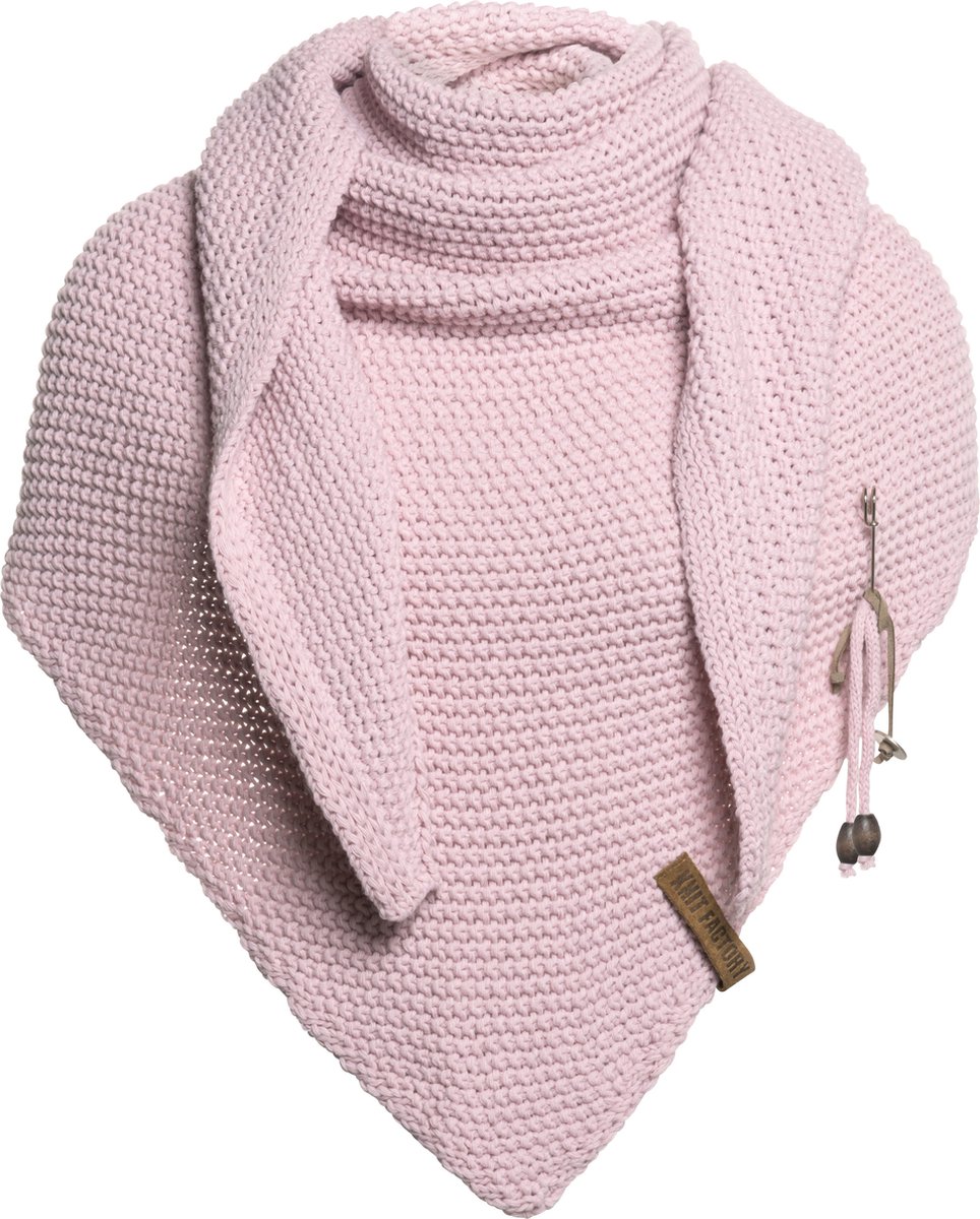 Knit Factory Coco Gebreide Omslagdoek - Driehoek Sjaal Dames - Dames sjaal - Wintersjaal - Stola - Wollen sjaal - Roze sjaal - Roze - 190x85 cm - Inclusief sierspeld