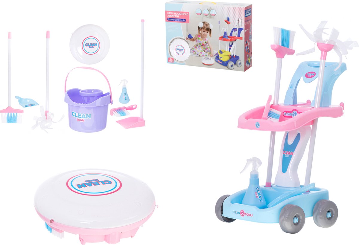 Playos® - Chariot de nettoyage - avec robot aspirateur - Blauw / Rose -  Jouets de jeu