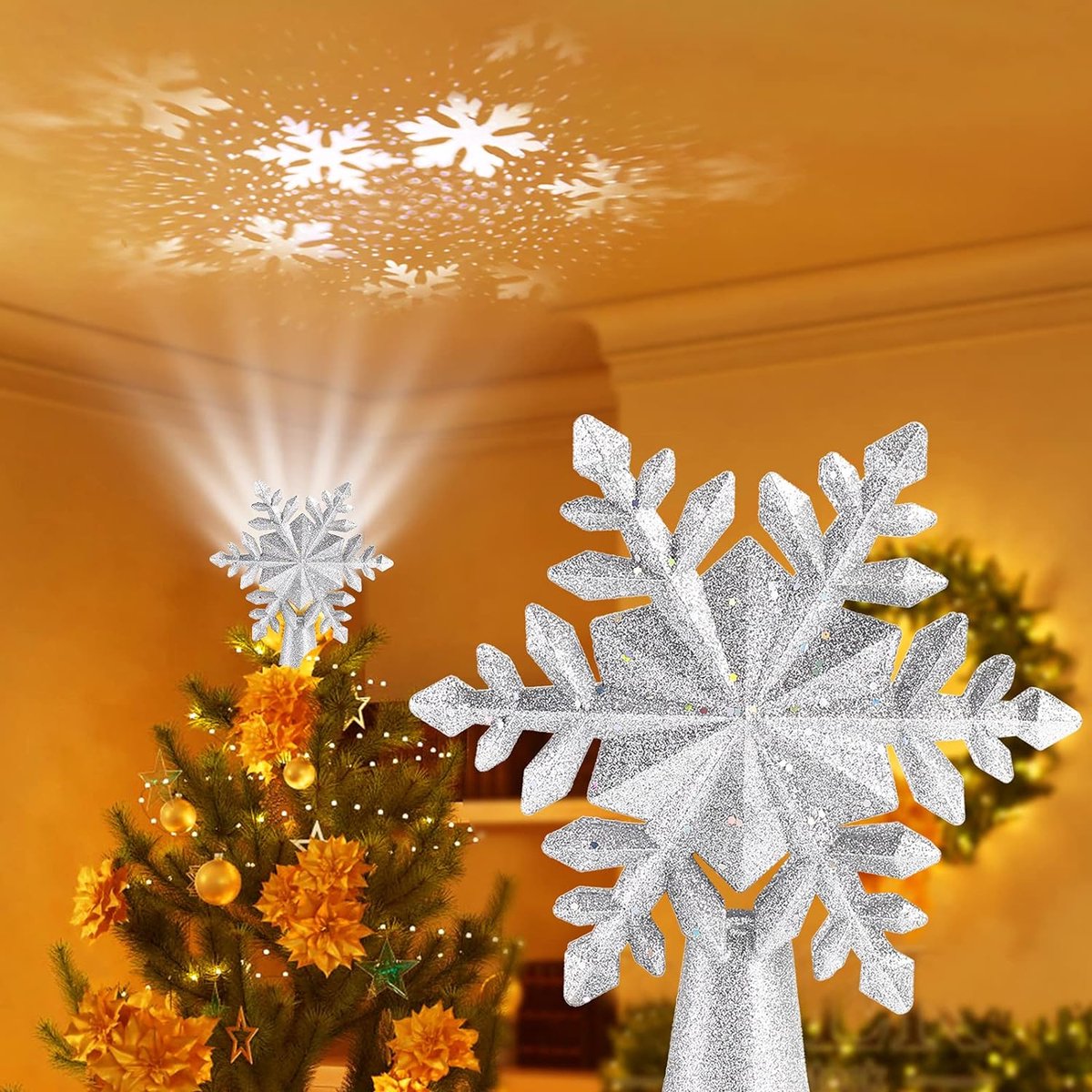 Etoile Sapin de Noel, 2 en 1 Lampe Projecteur LED Flocon de Neige