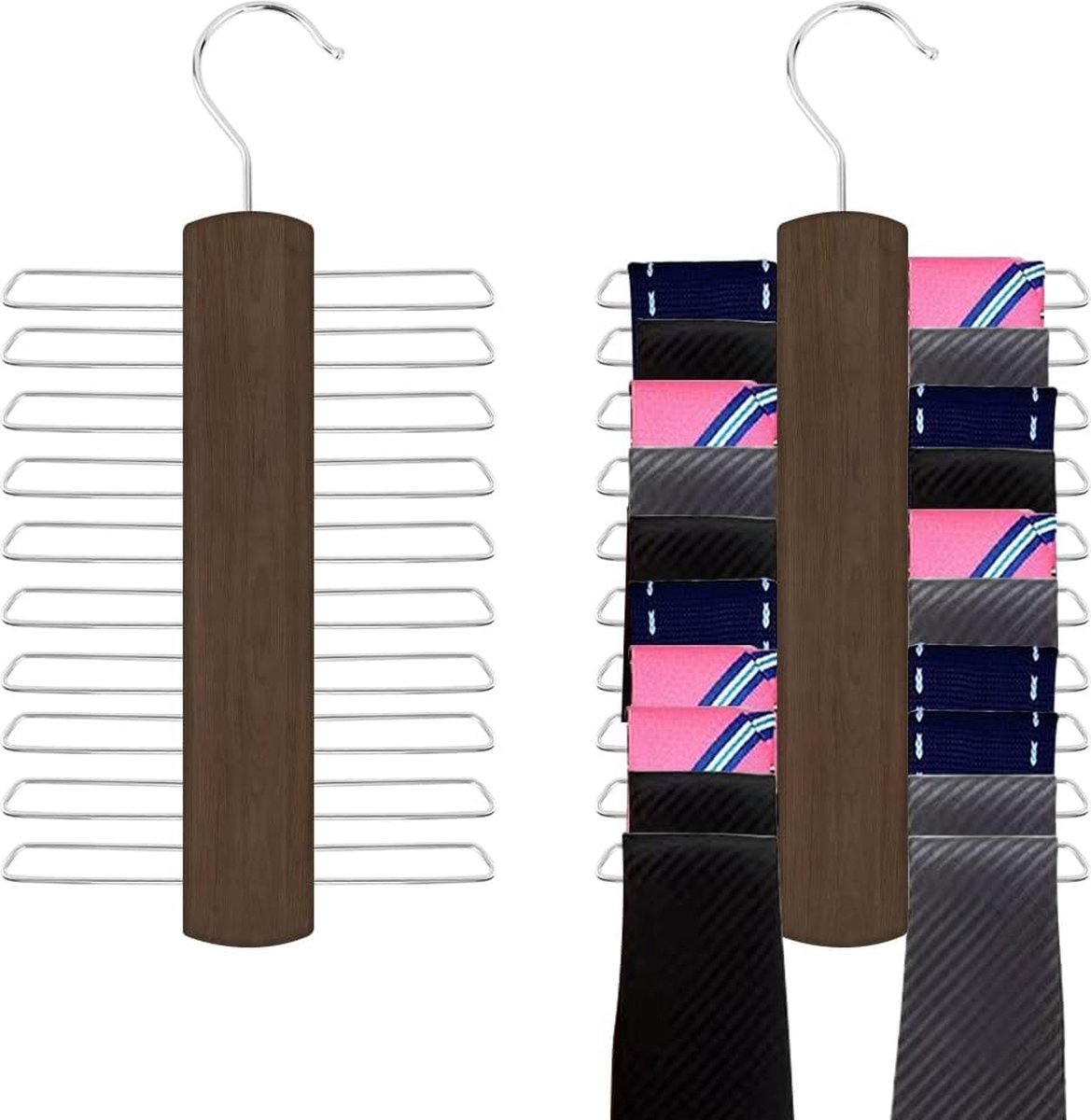 2 pièces porte-cravates, porte-ceintures, cintres en bois, porte-cravates,  avec 20