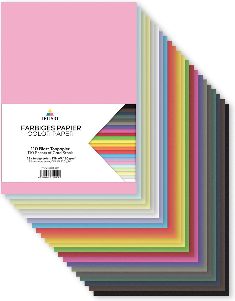 Tritart - Gekleurd papier A5, 120 g/m², 110 vellen, stevig knutselpapier, volledig geverfd, stabiel, creatief gekleurd karton om te knutselen, fotokarton in 22 kleuren, doe-het-zelf kleurrijk gekleurd