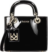 Black lacquered handbag with handles and strap